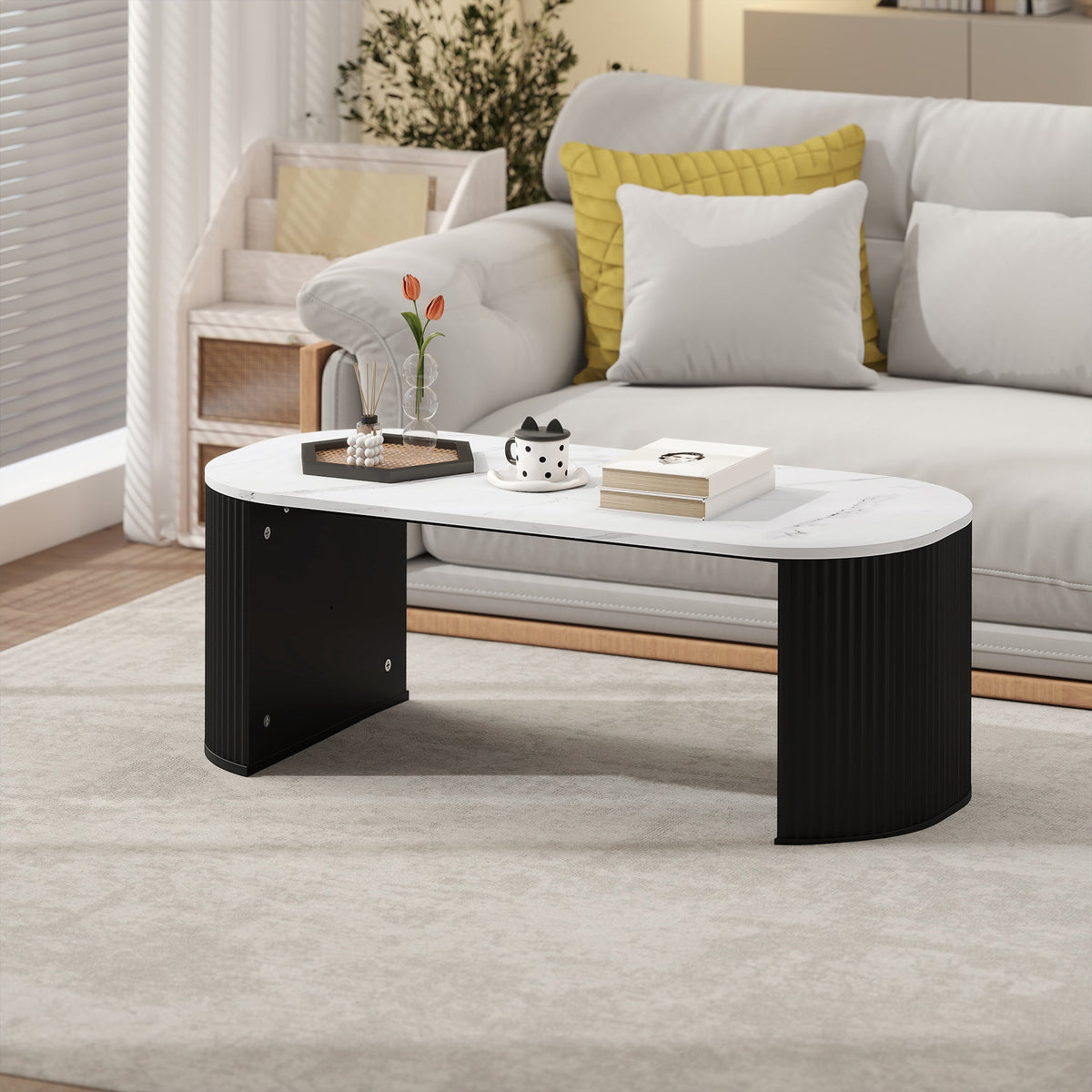 Table basse Cameron moderne en similicuir marbre - Noir