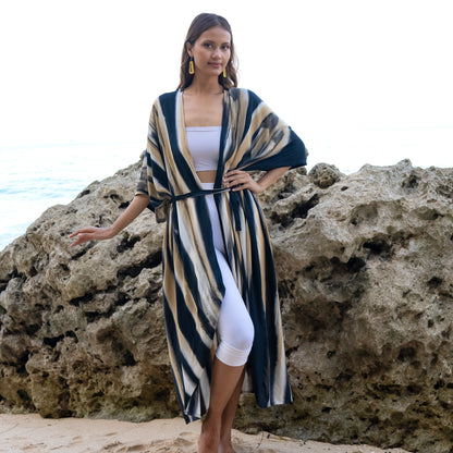 Kimono long abstrait audacieux en tie-dye gris et or