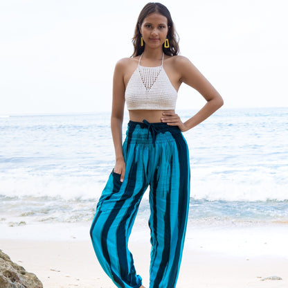 Bold Abstract Tie Dye Bali Pant In Teal & Black