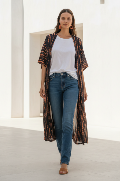 Long Kimono In Orange & Black Tie Dye