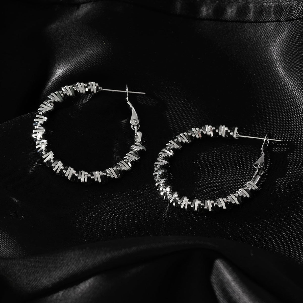 Style SPRINGDALE Silver: Textured Geometric Square Beaded Hoop Earrings