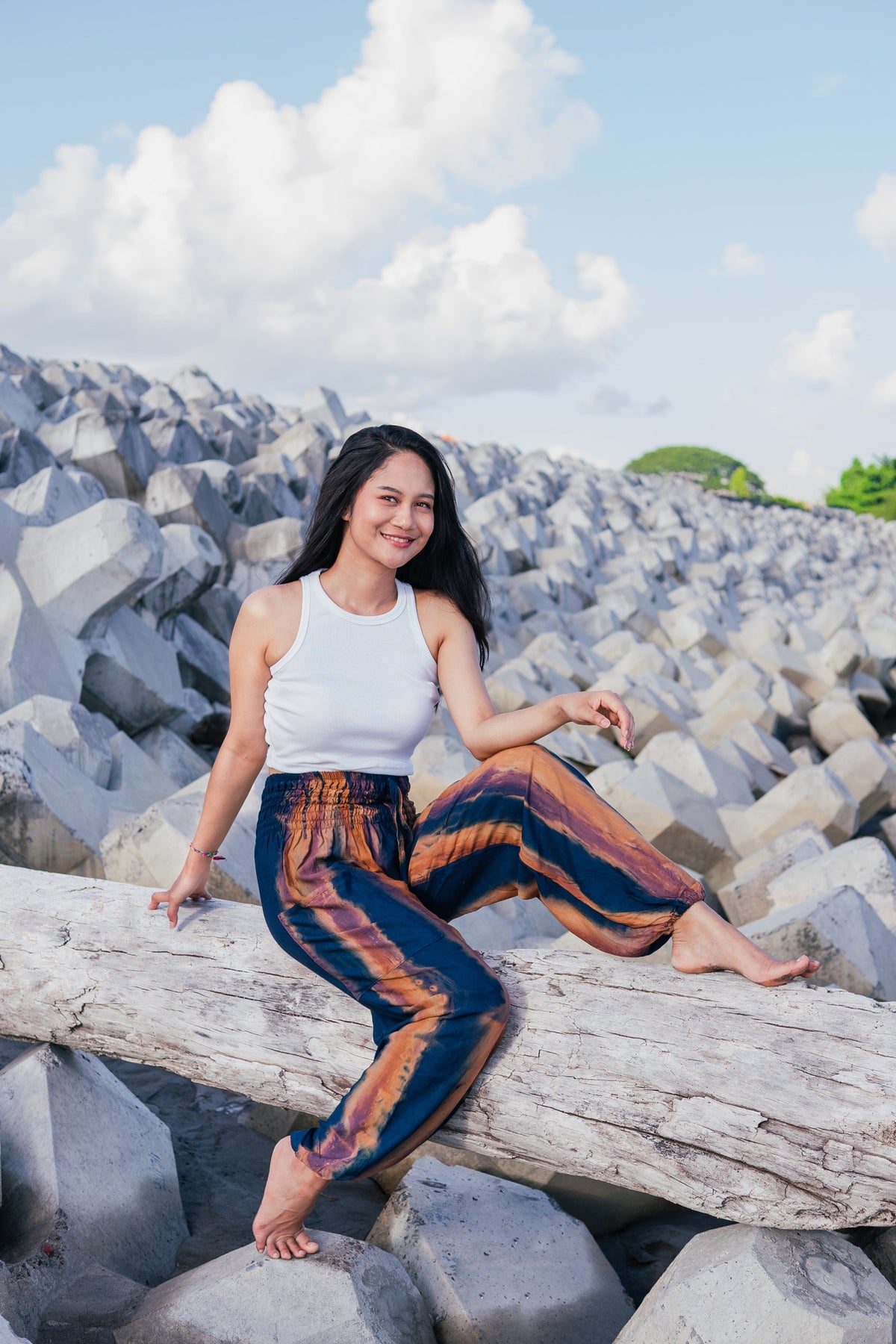 Pantalon Bali Tie-Dye Abstrait Bleu Marine et Doré