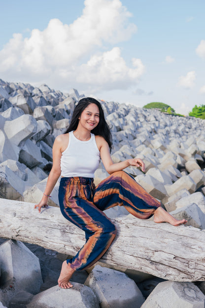 Pantalon Bali Tie-Dye Abstrait Bleu Marine et Doré