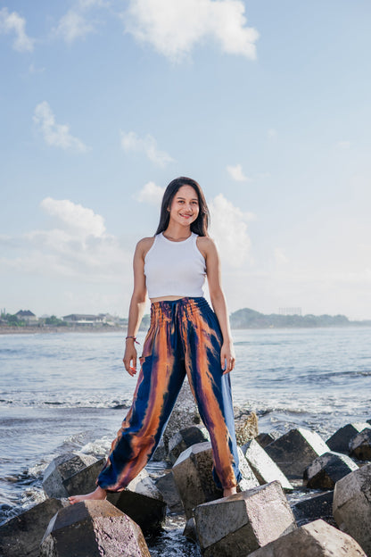 Pantalon Bali Tie-Dye Abstrait Bleu Marine et Doré