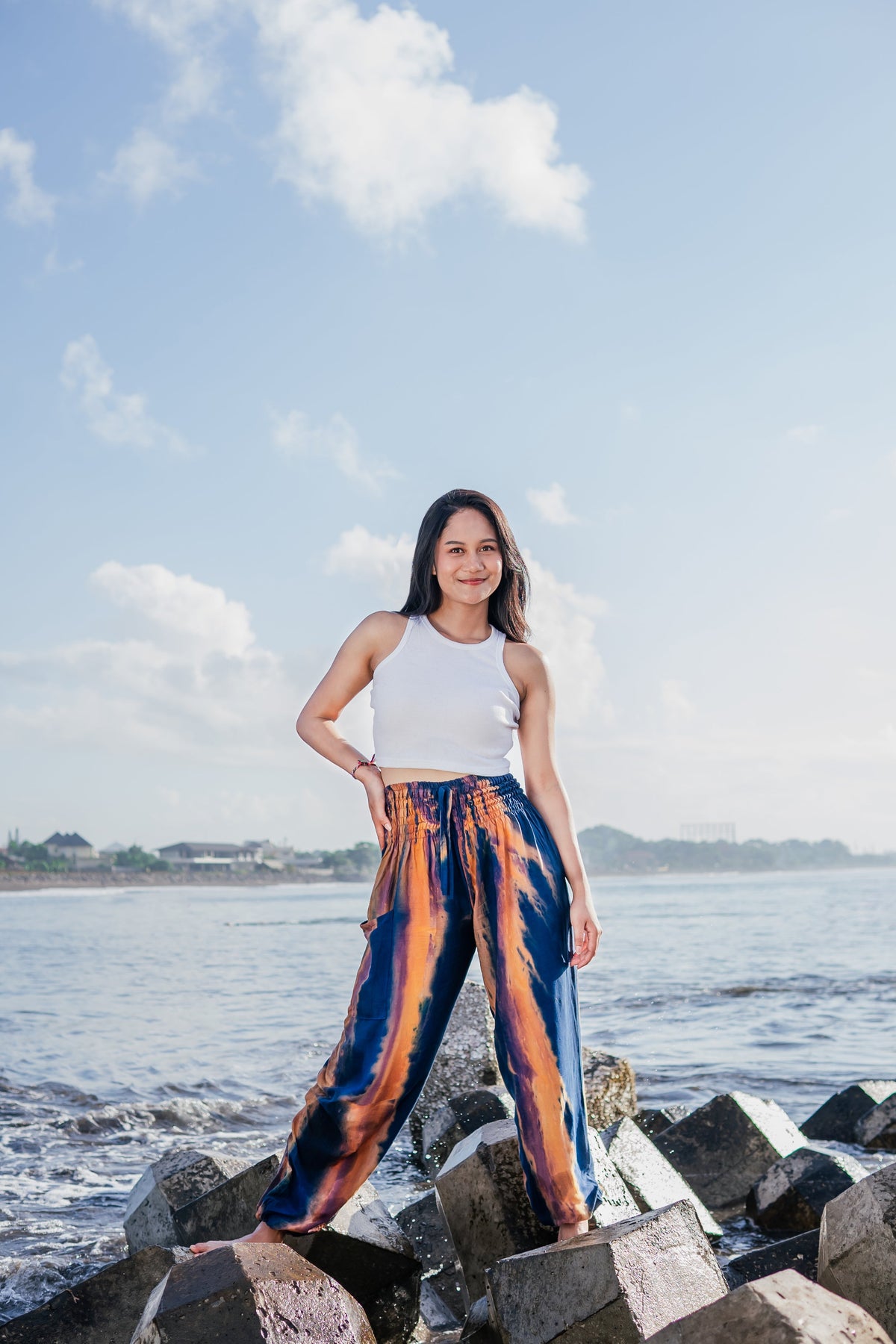 Pantalon Bali Tie-Dye Abstrait Bleu Marine et Doré