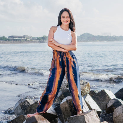 Pantalon Bali Tie-Dye Abstrait Bleu Marine et Doré