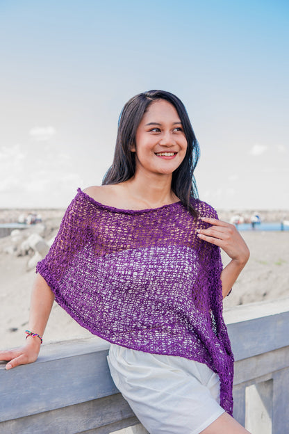Short Popcorn Knit Poncho - Purple