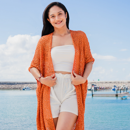 Kimono en maille texturée longueur mi-cuisse - Orange