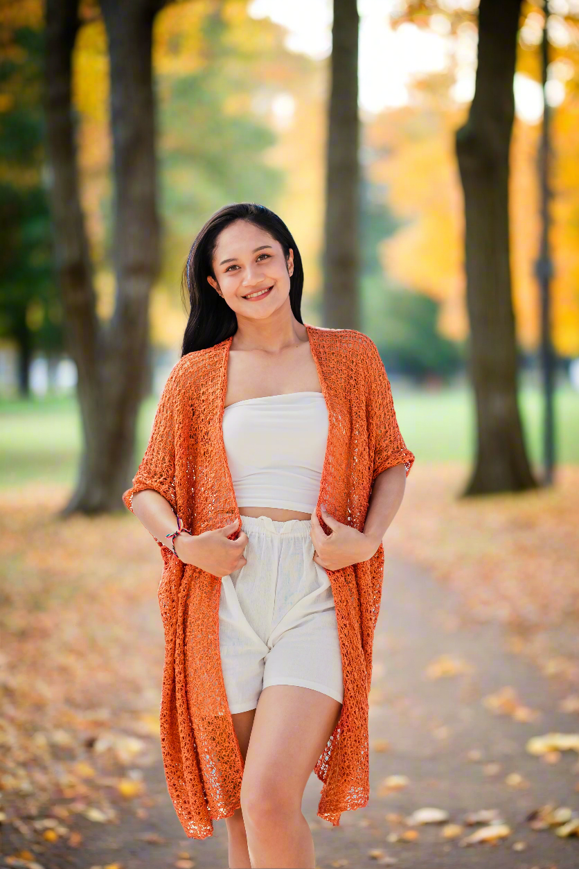 Kimono en maille texturée longueur mi-cuisse - Orange