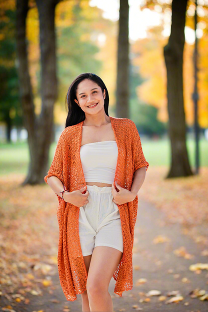 Kimono en maille texturée longueur mi-cuisse - Orange
