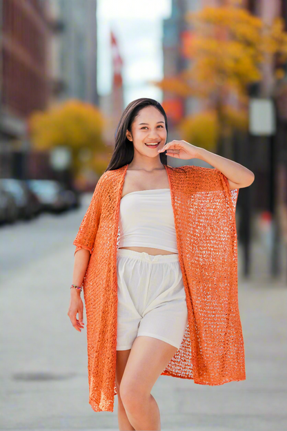 Kimono en maille texturée longueur mi-cuisse - Orange