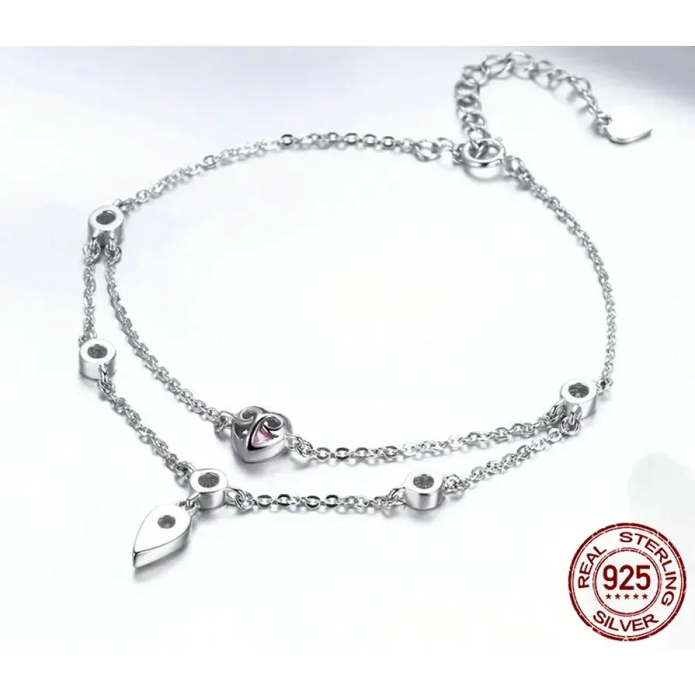 Sterling Silver Double Layer Bracelet with Pink CZ Hearts