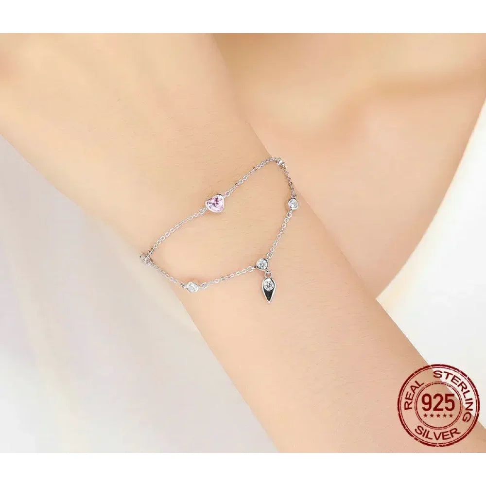 Sterling Silver Double Layer Bracelet with Pink CZ Hearts