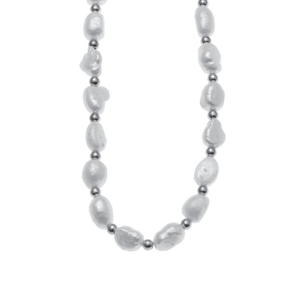 ELISA : Collier ras-du-cou en perles d'eau douce et chaîne perlée en or blanc (ton argent)