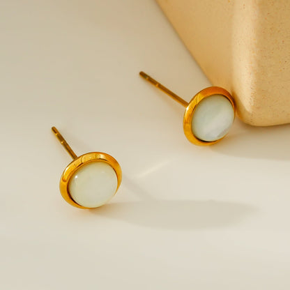 ENFIELD: Gold Rimmed Natural Shell Round Stud Earrings