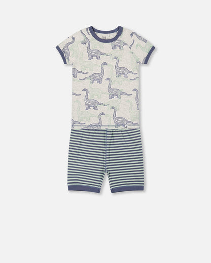 Pyjama court deux pièces en coton biologique, motif dinosaures, couleur beige chiné