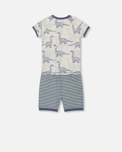 Pyjama court deux pièces en coton biologique, motif dinosaures, couleur beige chiné