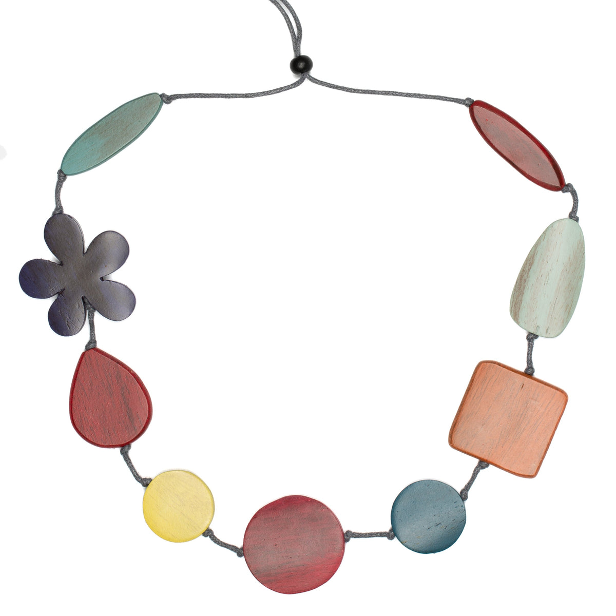 Collier formes variées et fleur en bois teinté