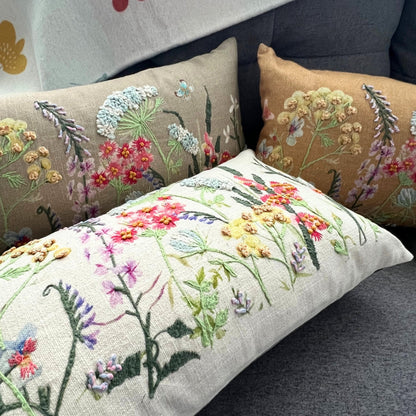 12x20" Embroidered Wildflower Lumbar Pillow – Cotton Front, Paper Silk Back