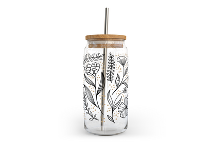 Bocal en verre à motif floral avec couvercle en bambou