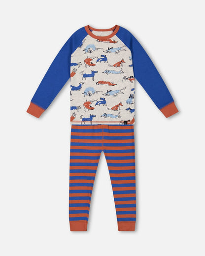 Ensemble pyjama deux pièces en coton biologique à rayures bleues et oranges