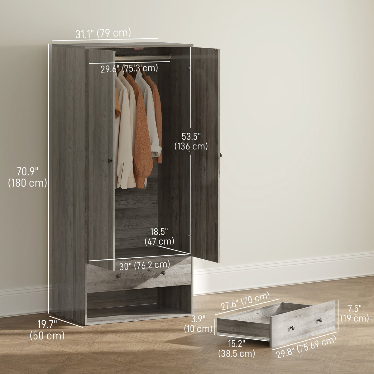 Armoire Briar avec 2 tiroirs et tringle à vêtements - Grise