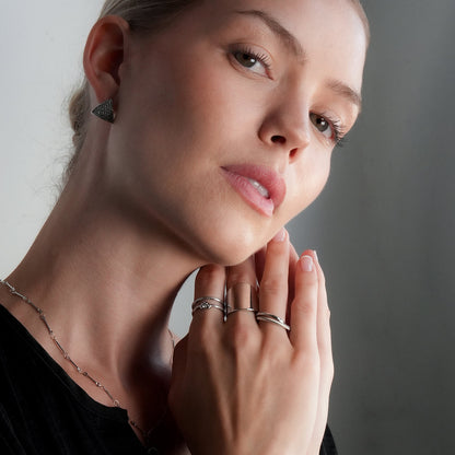 GILBERT: Double Banded Interconnected Stack Ring in White Gold (Silver Toned)