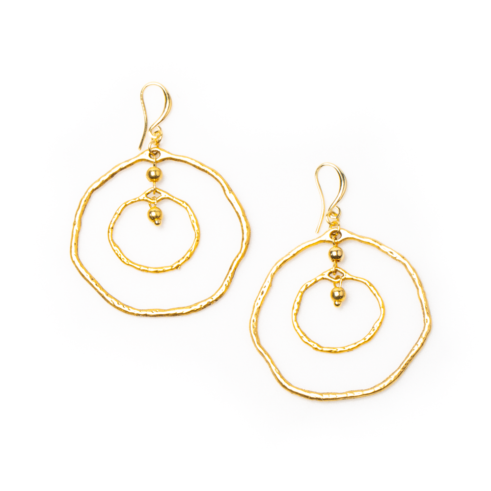 Beaten Double Ring Earring In Gold Plate