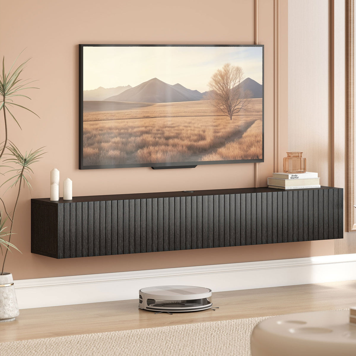 Jesse 55" Floating TV Stand with 2 Fluted Flip-Down Doors for TVs up to 72"-Black