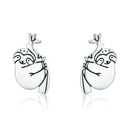 Adorable Sloth Stud Earrings In Sterling Silver - Cute Animal Jewelry