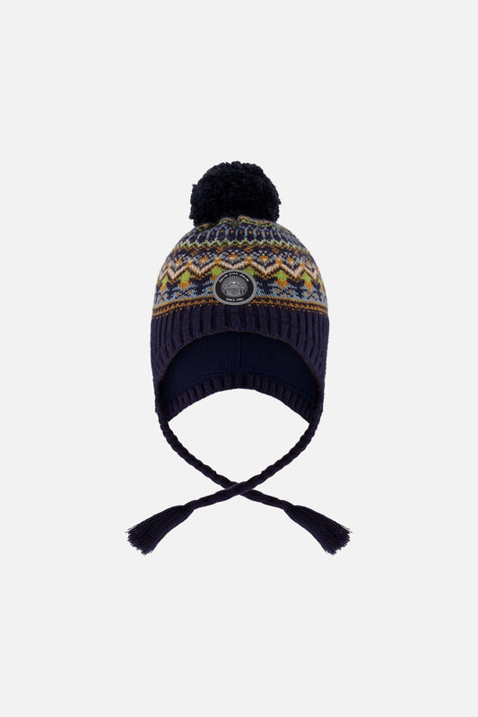 Lined Peruvian Knit Hat With Pompom Taupe And Navy