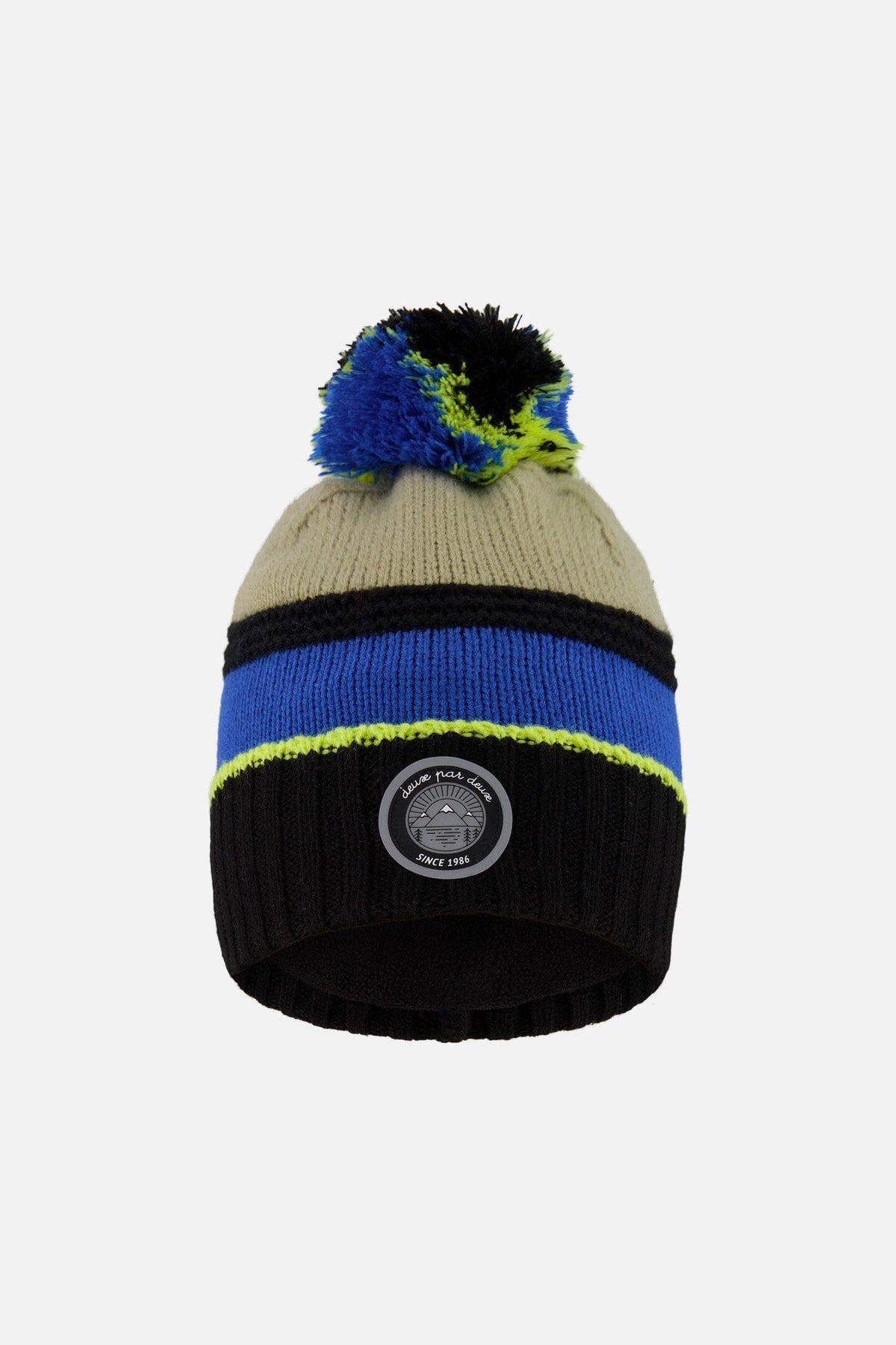 Lined Knit Pompom Hat Black, Taupe And Lime Green