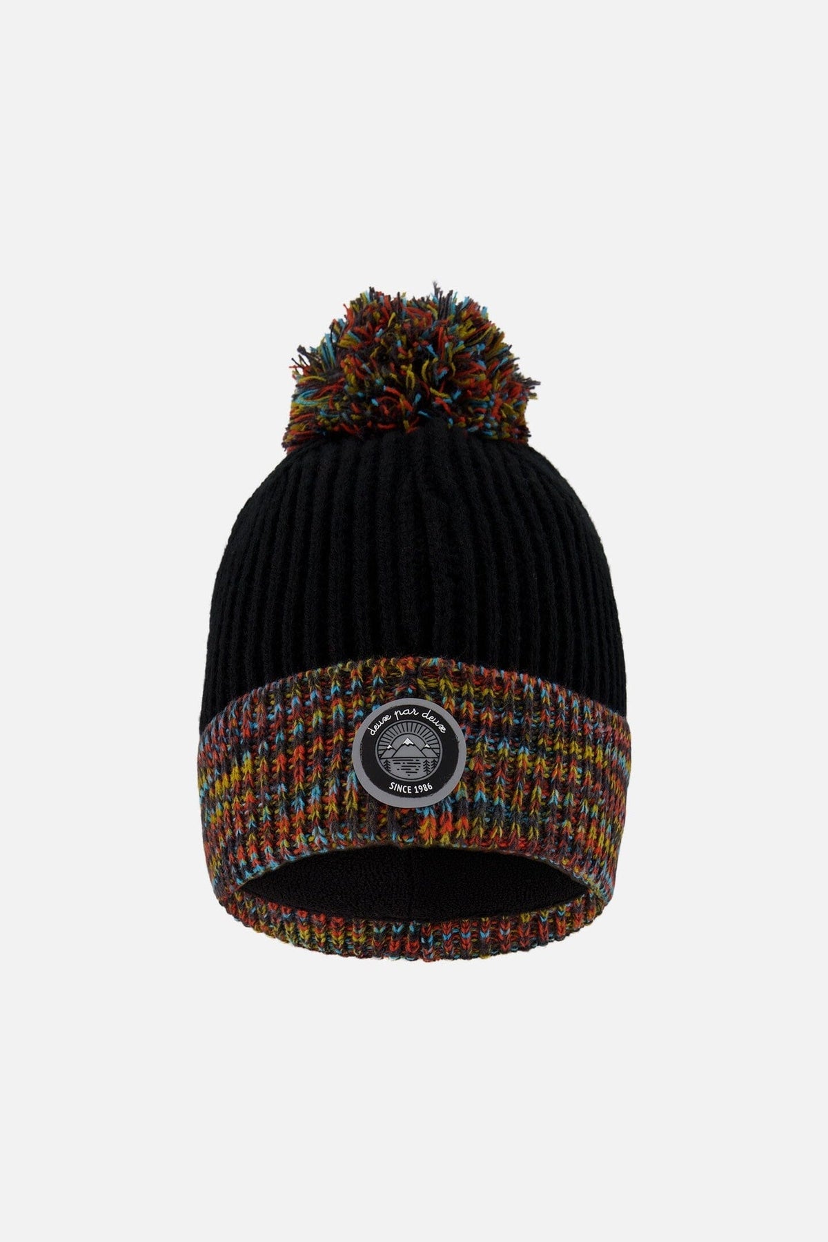 Bonnet d'hiver en maille doublé avec pompon noir et multicolore