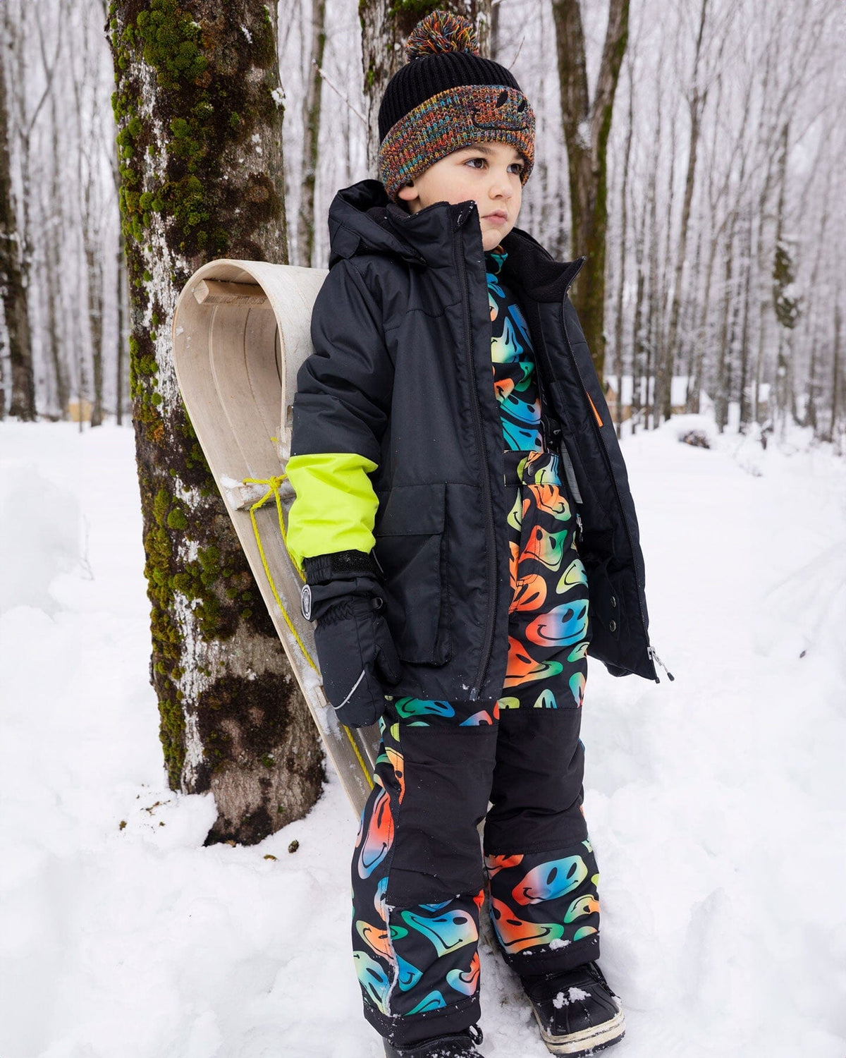 Bonnet d'hiver en maille doublé avec pompon noir et multicolore