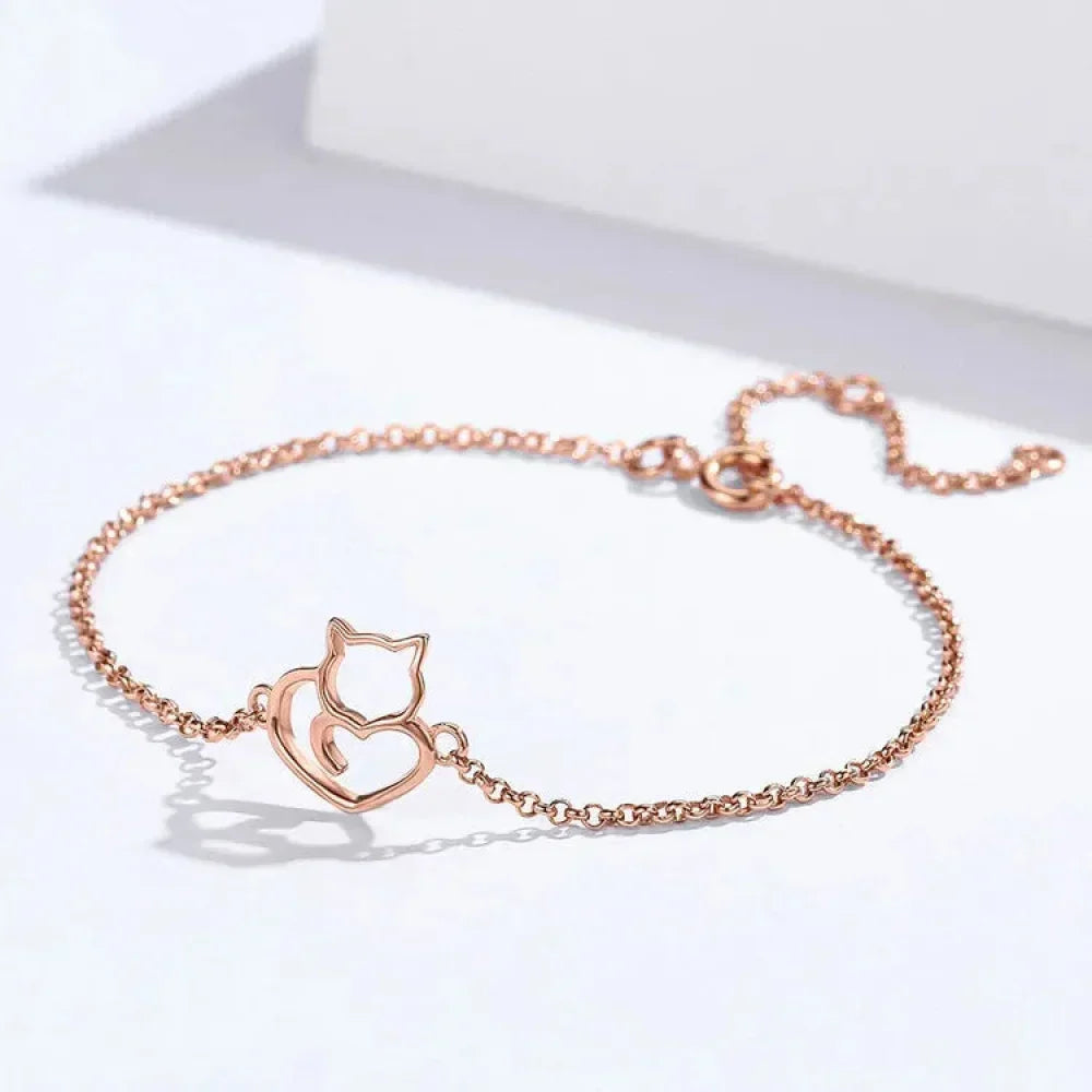 925 Sterling Silver Cat Heart Chain Bracelet