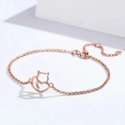 925 Sterling Silver Cat Heart Chain Bracelet
