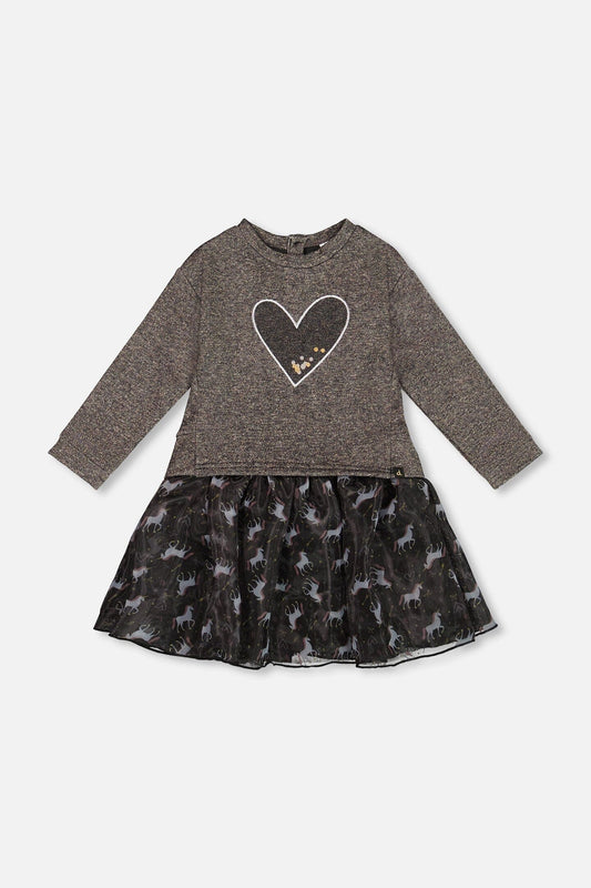 Bi-Material Dress Black With Mesh Skirt And Heart