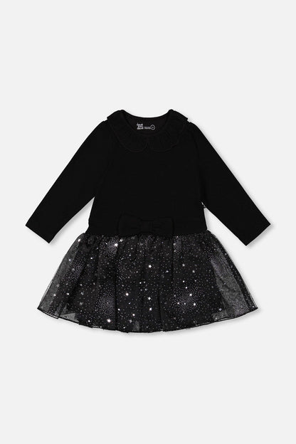 Bi-Material Dress With Glittering Skirt Black