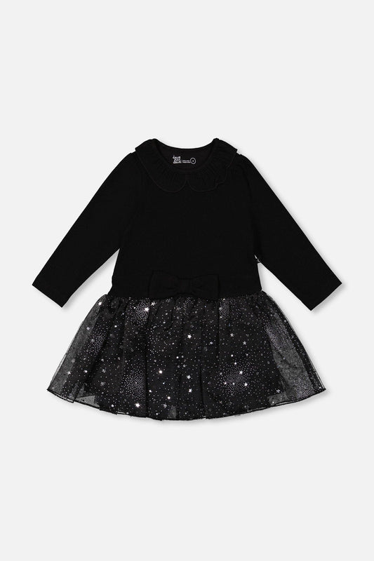 Bi-Material Dress With Glittering Skirt Black