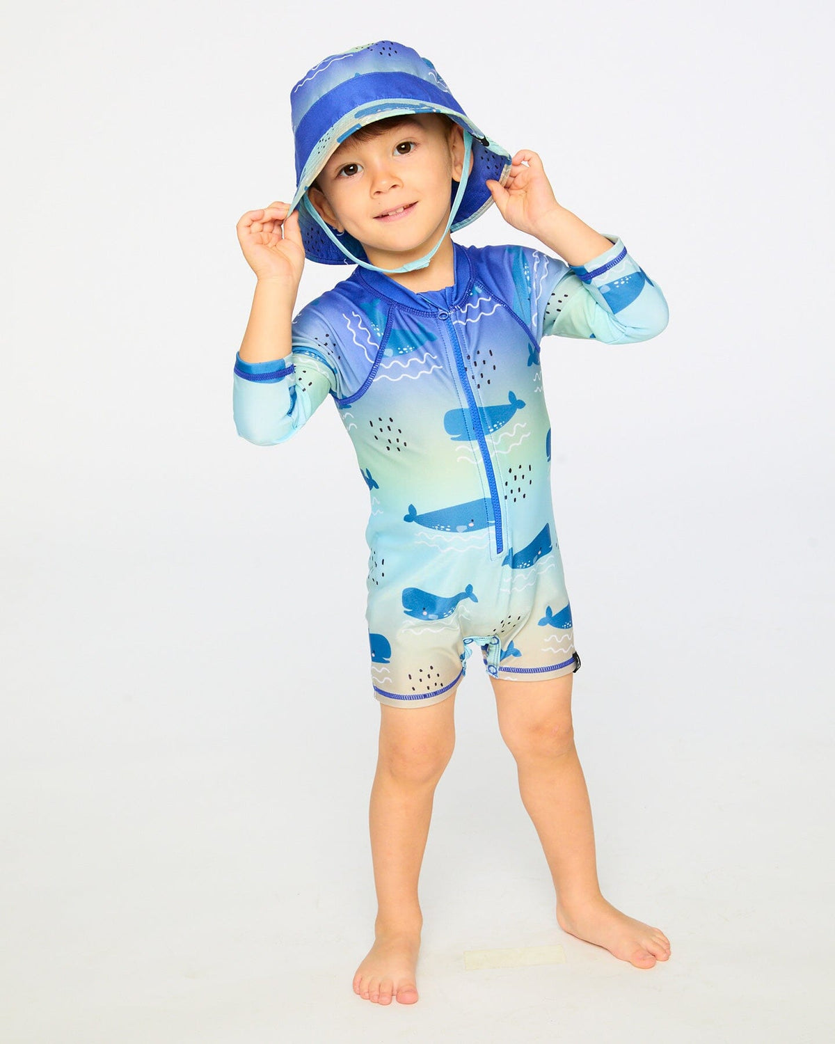Chapeau de plage en polyester recyclé imprimé baleine bleue