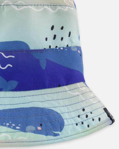 Chapeau de plage en polyester recyclé imprimé baleine bleue