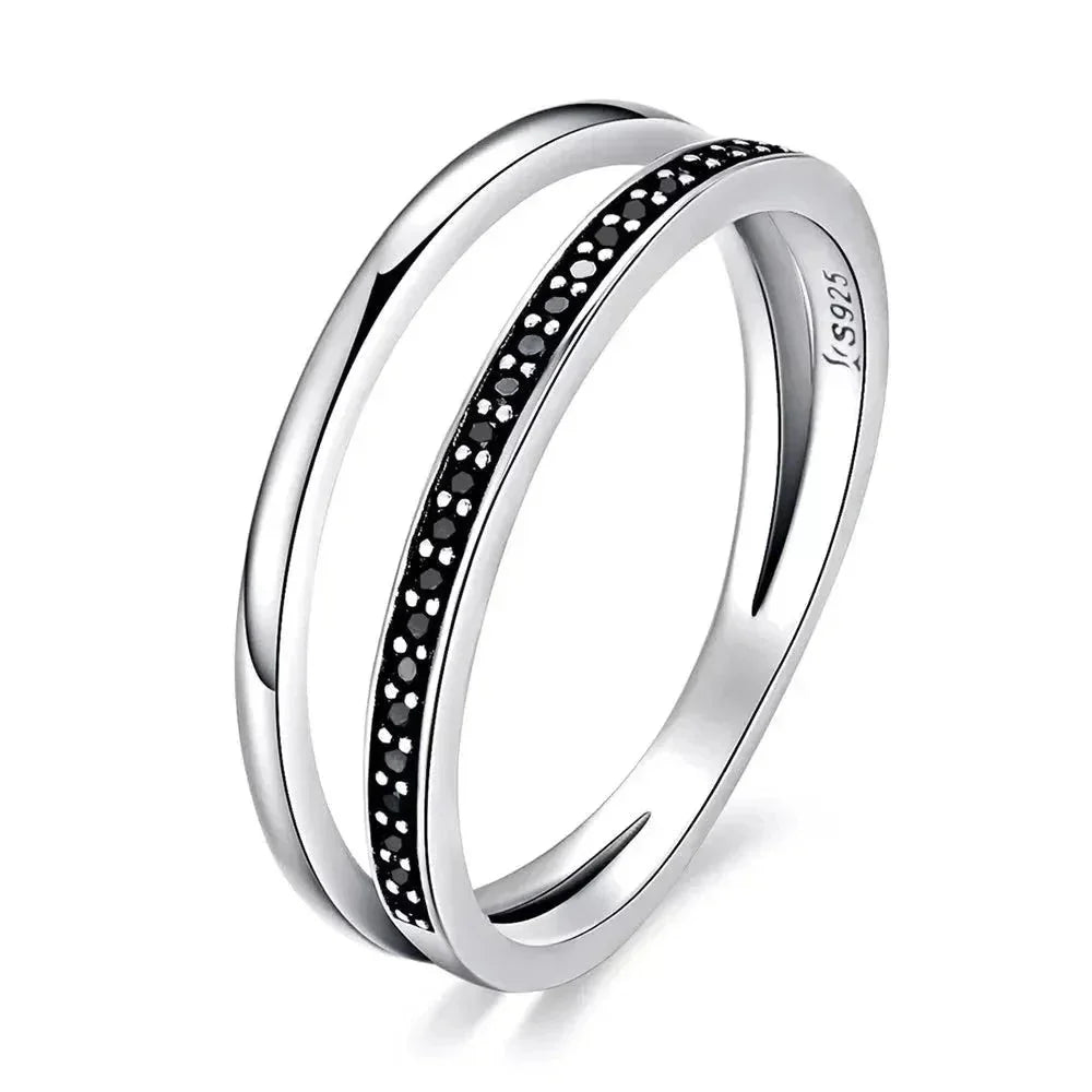 925 Sterling Silver Black & Clear Double Circle CZ Ring
