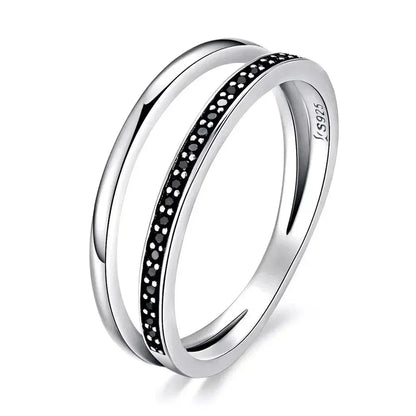 925 Sterling Silver Black & Clear Double Circle CZ Ring
