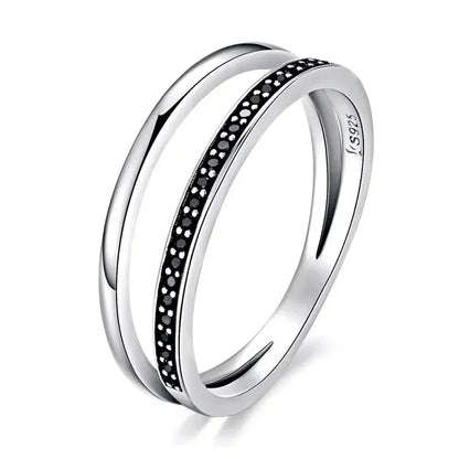 925 Sterling Silver Black & Clear Double Circle CZ Ring