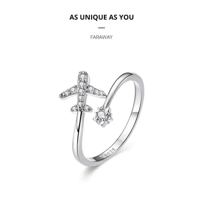 925 Sterling Silver CZ Flying Plane Open Ring