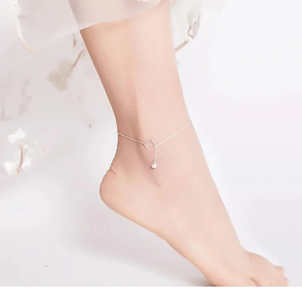 The Whimsical Cat & Bell 925 Sterling Silver Anklet