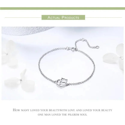 925 Sterling Silver Cat Heart Chain Bracelet