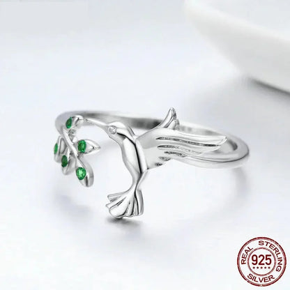 925 Sterling Silver Green Tree & Bird Open Ring