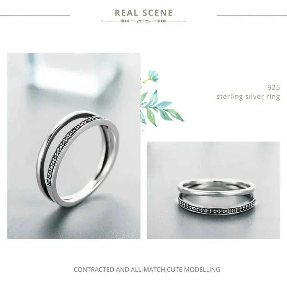 925 Sterling Silver Black & Clear Double Circle CZ Ring