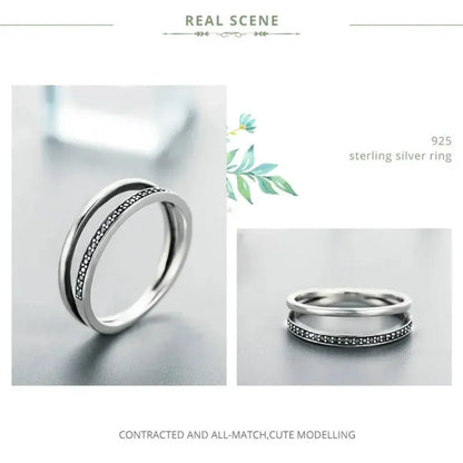 925 Sterling Silver Black & Clear Double Circle CZ Ring